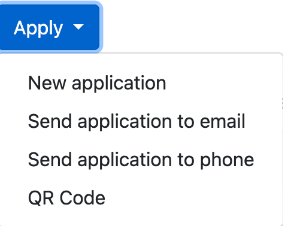 Apply menu with New application, Send application to email, Send application to phone and QR Code.