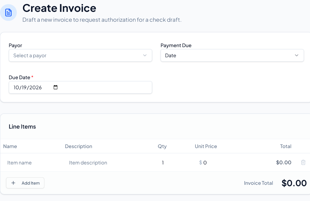 DraftPay Create Invoice form with Payor, Payment Due, line items and total.