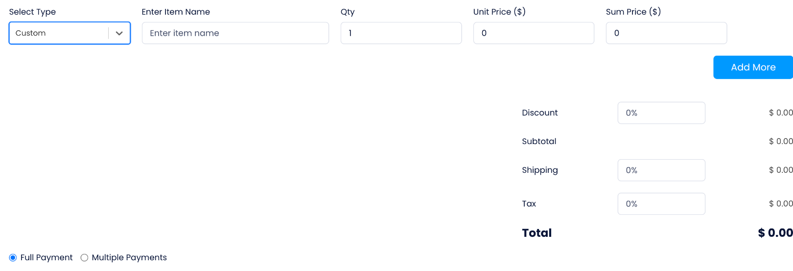 Invoice custom item row, adjustments, Full Payment and Multiple Payments controls.