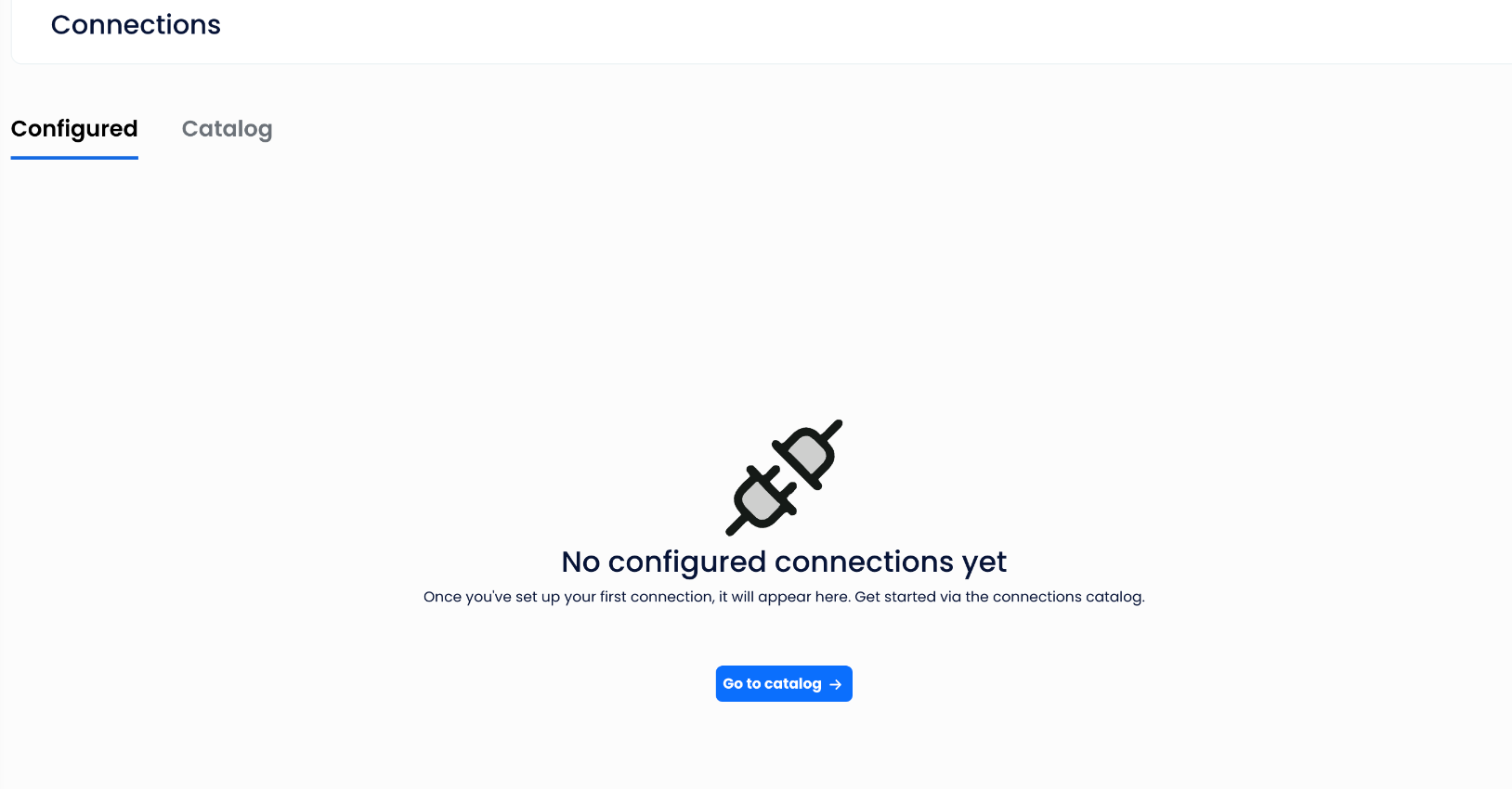 Payment Hub Connections with Configured and Catalog tabs and an empty configured state.