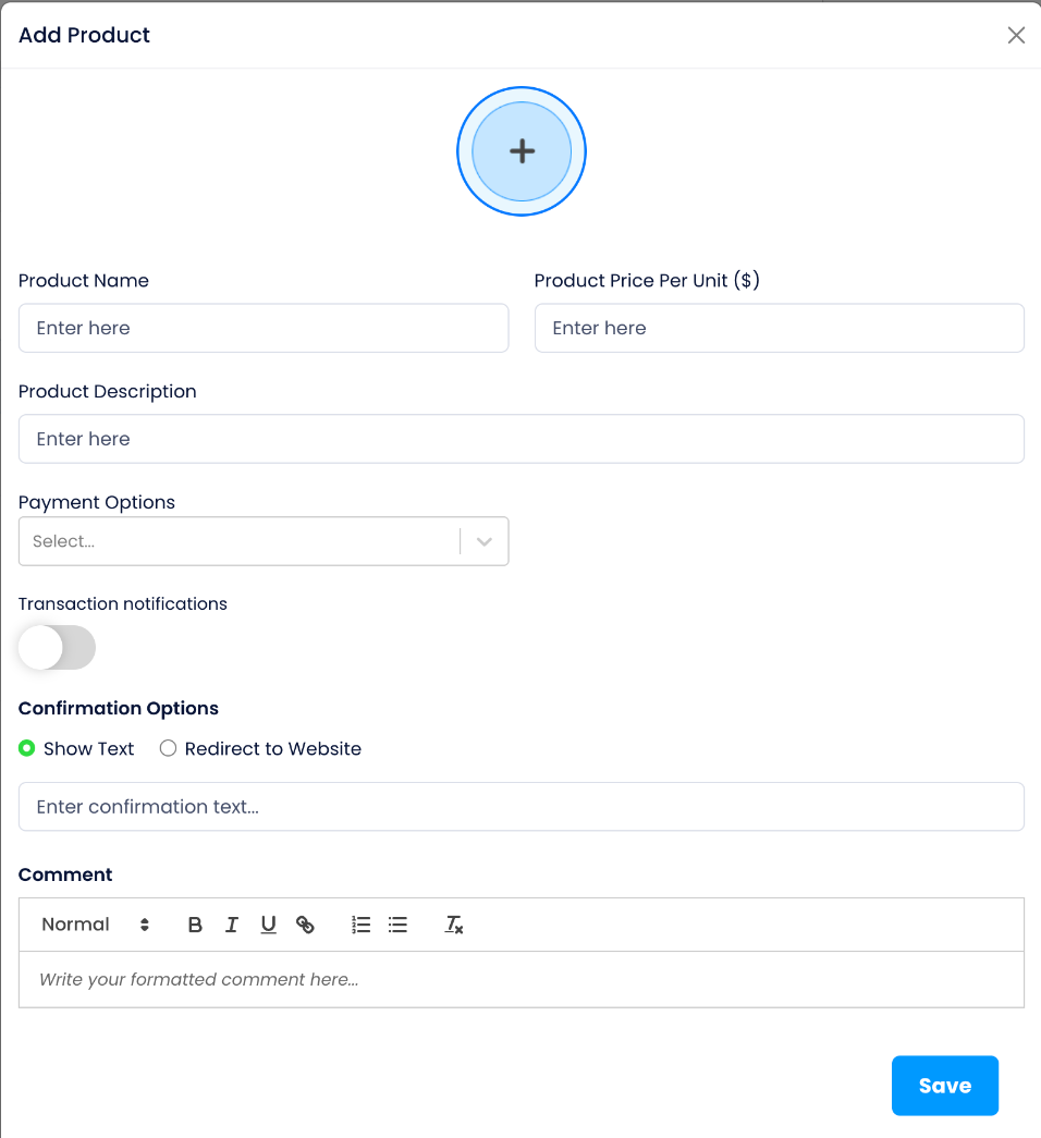 Add Product form with product details, Payment Options and confirmation controls.