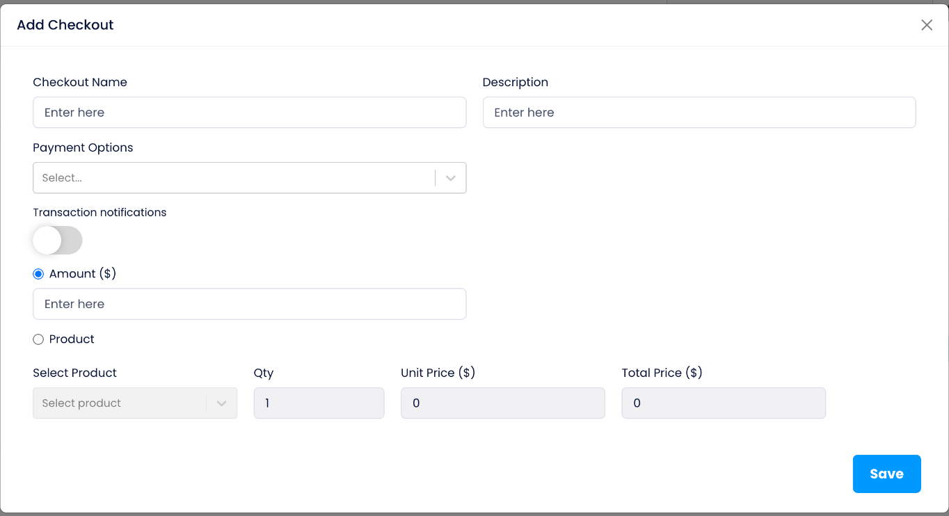 Add Checkout form showing Amount and Product options.