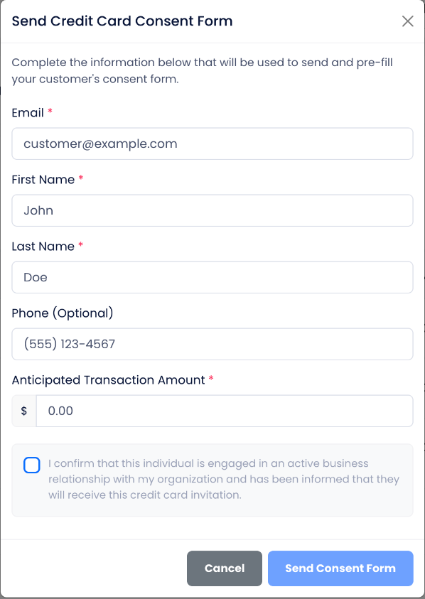 Send Credit Card Consent Form dialog with contact fields, anticipated amount and relationship acknowledgment.
