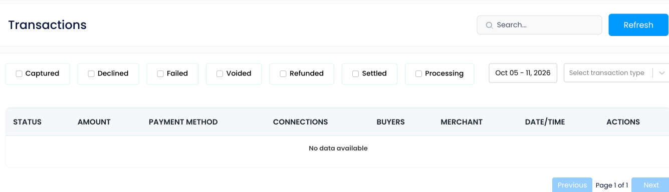 Transactions list with status filters, date range, transaction-type filter and empty table.
